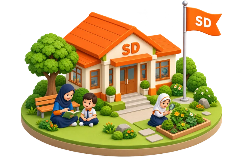 Ilustrasi gedung SD Bintang Madani dengan kebun sekolah