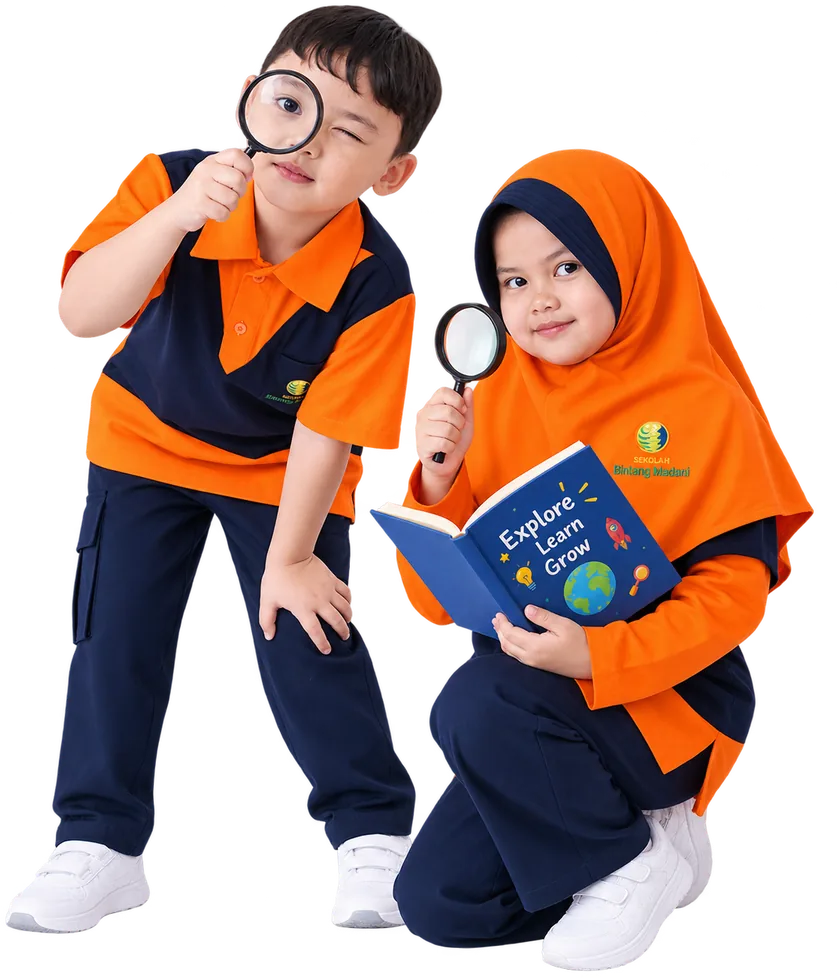 Dua murid SD Bintang Madani membawa kaca pembesar dan buku