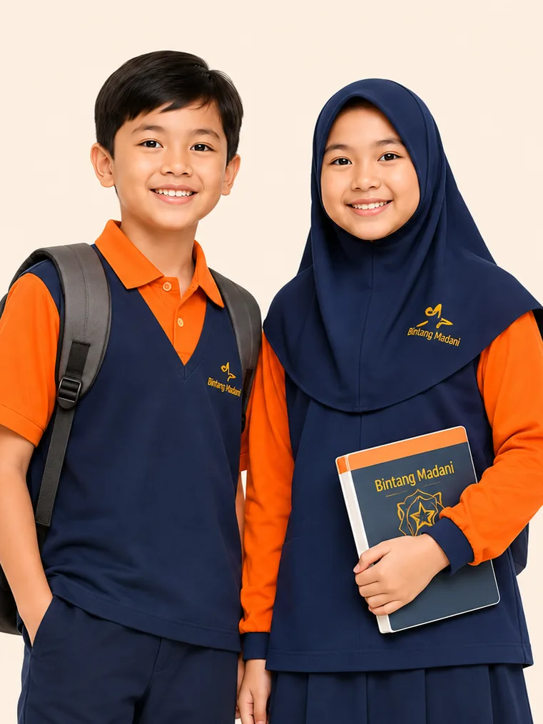 Ilustrasi sepasang murid SD mengenakan seragam navy dan oranye