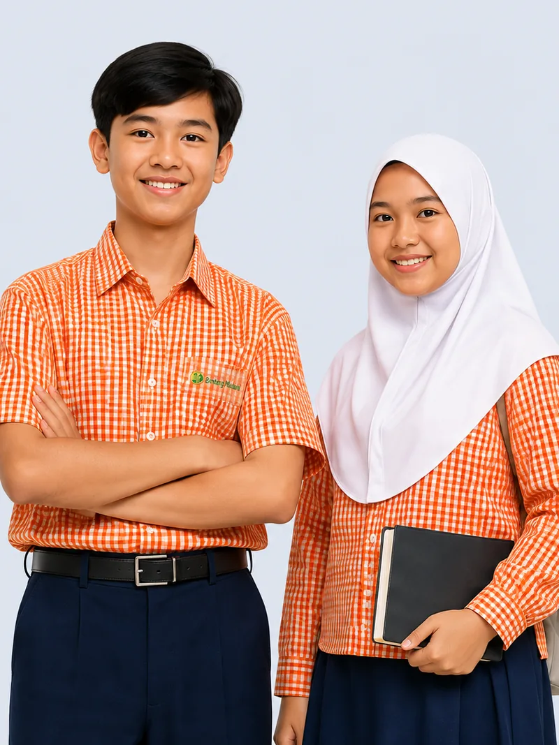 Ilustrasi sepasang murid SMP mengenakan seragam kotak oranye