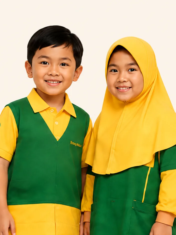 Ilustrasi sepasang murid TK mengenakan seragam hijau dan kuning
